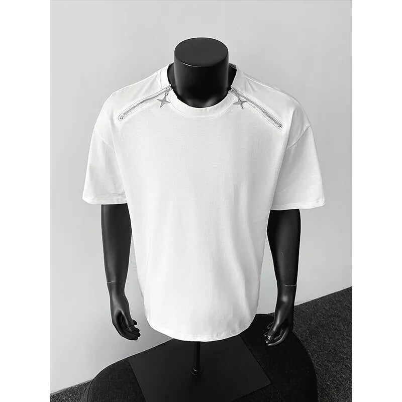 Threebooy  Breathable Mens Round Neck T-Shirt man Zip Detail Trendy Design New Urban Streetwear Casual Summer Tee Comfort Fit Stylish Soft