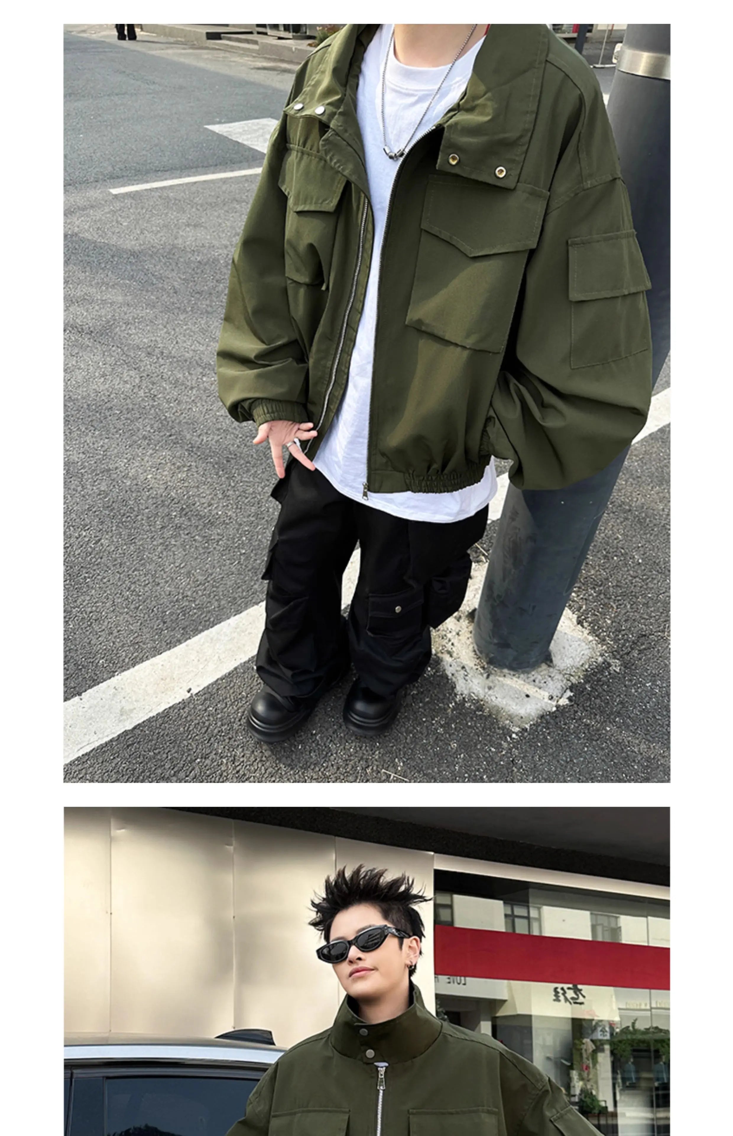 Threebooy Outdoor Work Jacket Men's Spring Autumn American Retro Zipper Coat Silhouette Bomber Handsome High Street Flying Work Jacket