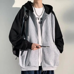 Threebooy  Splicing Young Students Male Hoodie Baggy Full Zip Up Harajuku Fashion Aesthetic Luxury Cheap Streetwear Men's Hooded Sweatshirt