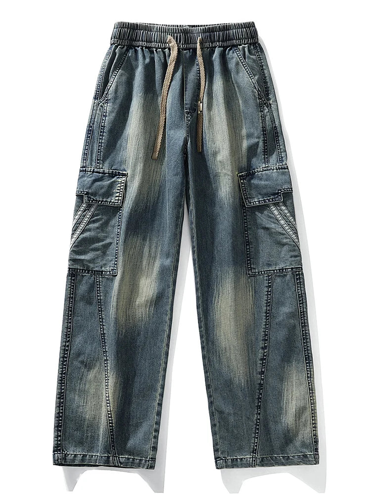 Threebooy Summer Men's Jeans Flap Pockets Lightweight Denim Cargo Pants Big Size 8XL 7XL 6XL Wide Leg Baggy Jeans Straight Trousers