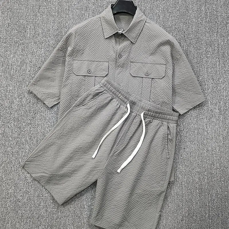 Threebooy Bubble Yarn Lightweight Sweat-absorbing Breathable Cool Summer Men's Casual Sports Suit Work Clothes Short-sleeved Shirt Shorts