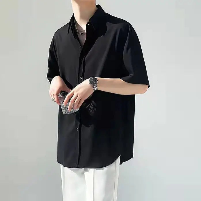 Threebooy  Silk Drooping Free Solid Color Versatile Shirt Dk Men's Trendy Handsome High-end Hong Kong Style Short-sleeved Handsome Shirt
