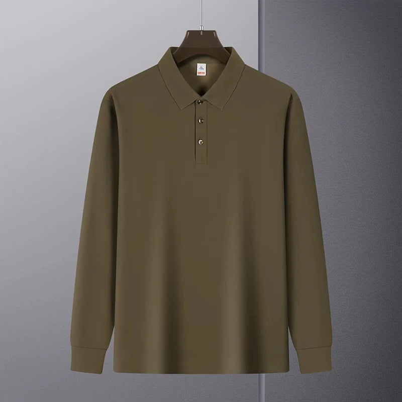 Threebooy  New American Retro Men Polo Shirt Light Luxury Solid Color Slim-fit Commuting Long Sleeve T-shirt Leisure Business Pullover Tops
