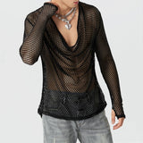 Threebooy Mens Sexy See-Through Mesh Long-Sleeved Top 2024 New Genderless Nightclub Individuality Youthful Thin Low-Cut T-Shirt Unisex