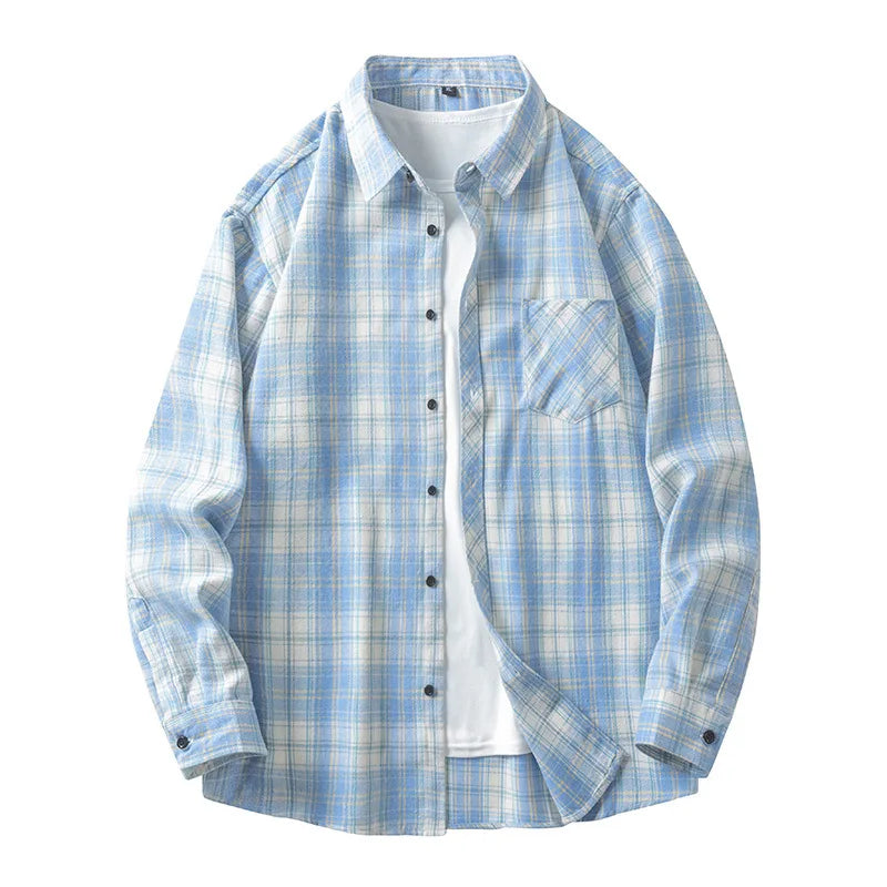 Threebooy Men's Spring Autumn Casual Loose Long Sleeved Shirt Couples Elegant Business Work Plaid Jacket
