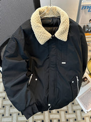 Threebooy Japanese Solid Workwear Padded Coat Winter Loose Trend Splicing Imitation Lamb Fleece Collar Cotton Jacket Casual Lapel Coat
