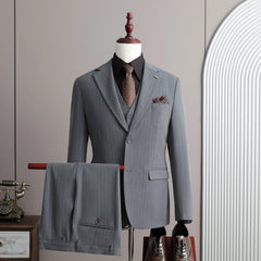 Threebooy  A stylish and cool striped casual business three-piece suit set for the autumn , a high-quality wedding suit
