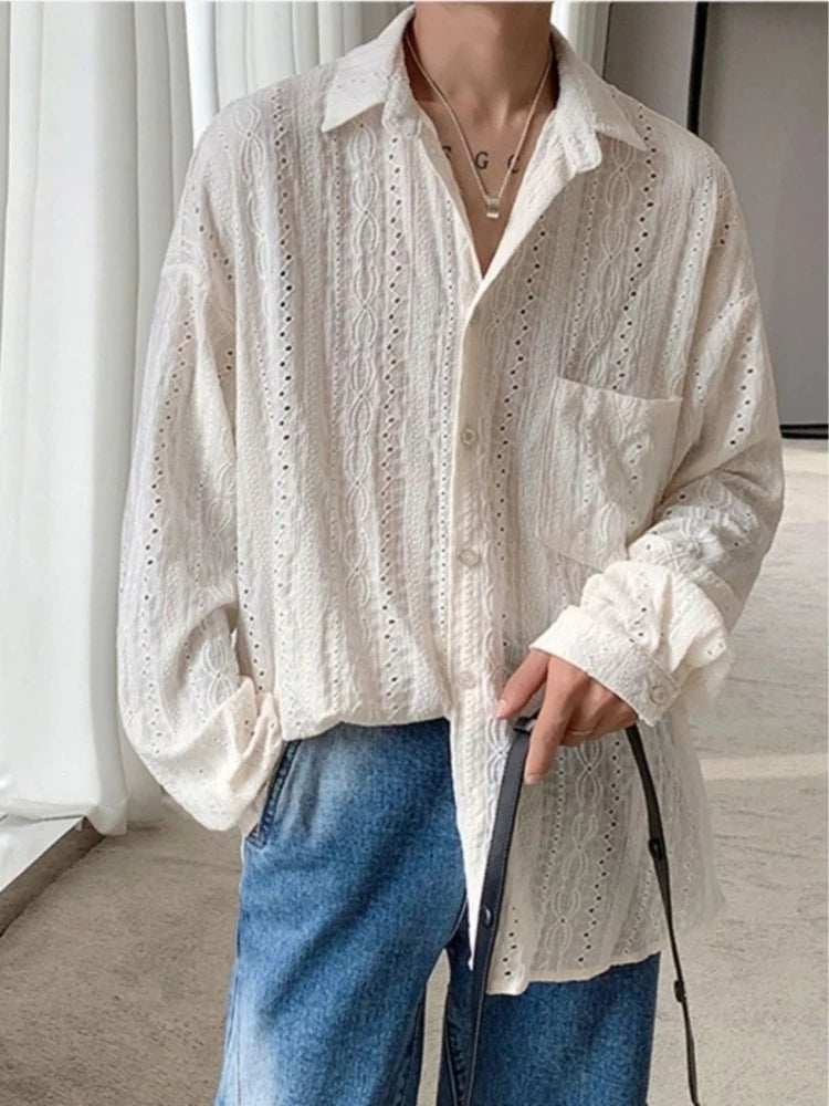 Threebooy  Autumn French Vintage Hollow Long Sleeve Shirt Lazy Style Niche Design Trendy Loose Top