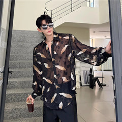 Threebooy Men Sexy Feather Hollowed Out Shirt Men's Lapel Long Sleeved Transparent Clothing Streetwear Casual Loose Trendy Design Tops
