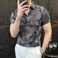 Threebooy  Sexy Mesh Jacquard Shirt for Men Summer Short Sleeved Thin Shirts Fashion Casual Nightclub Social Men's Shirt Breathable