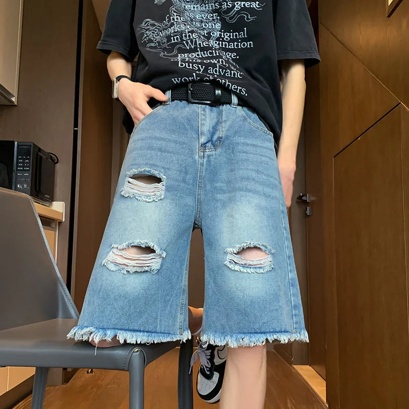 Threebooy Men's Blue Shorts Streetwear Baggy Jeans Jorts Straight Trousers Wide Pants Luxury Man Jeans Ripped Clothing