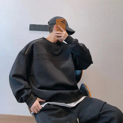 Threebooy  Hip Hop Sweatshirt Loose Shoulder-down Steel Stamp Raised Letter Zipper O-neck Shirt Men's High-end Hat-free Clothing