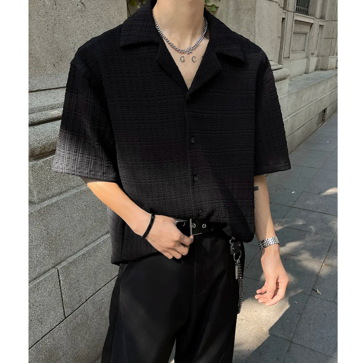Threebooy Mens Loose Fit Suit Collar Shirt Cool Comfort Advanced Fabric Summer Casual Trendy Breathable Stylish Modern Streetwear Design