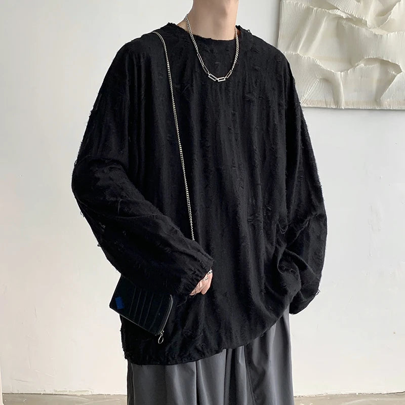 Threebooy Spring Summer Men Hole T Shirts Harajuku Hip Hop Long Sleeve Oversized Tshirts Male Korean Fashion Tee Tops Plus Size 3XL