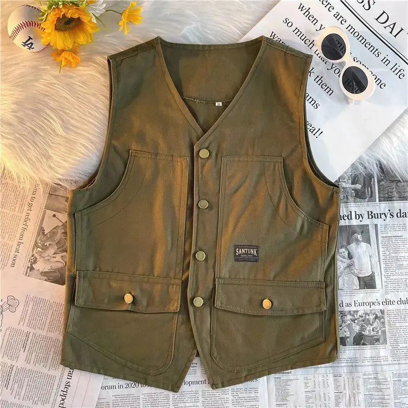 Threebooy  Japanese Retro Multi-pocket Workwear Vest Men Women in Summer Hong Kong Style Loose Versatile Waistcoat Sleeveless Vest Cityboy