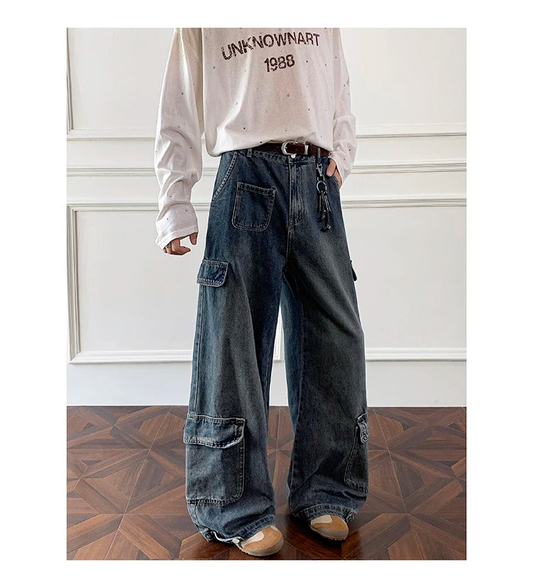 Threebooy Men Workwear Cargo Jeans New Multi Pocket Loose Straight Leg Baggy Streetwear Denim Pants Urban Casual Trousers 2025 Autumn