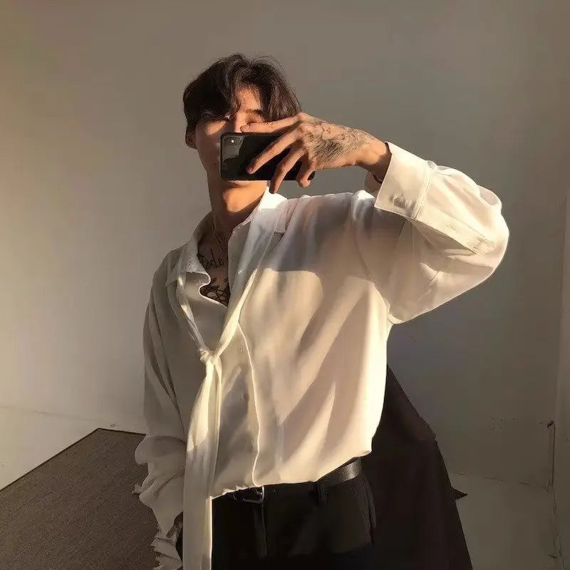 Threebooy Japanese Fashion High-end White Shirts Men Women Korean Version 2025 New Trendy Design Solid Color Handsome Long-sleeved Tops
