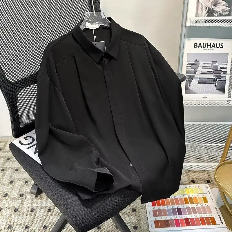 Threebooy Korean High-end Long-sleeved Shirt Men's Solid Color High-end Droop Top Spring and Autumn Loose Handsome Shirt Chic Streetwear