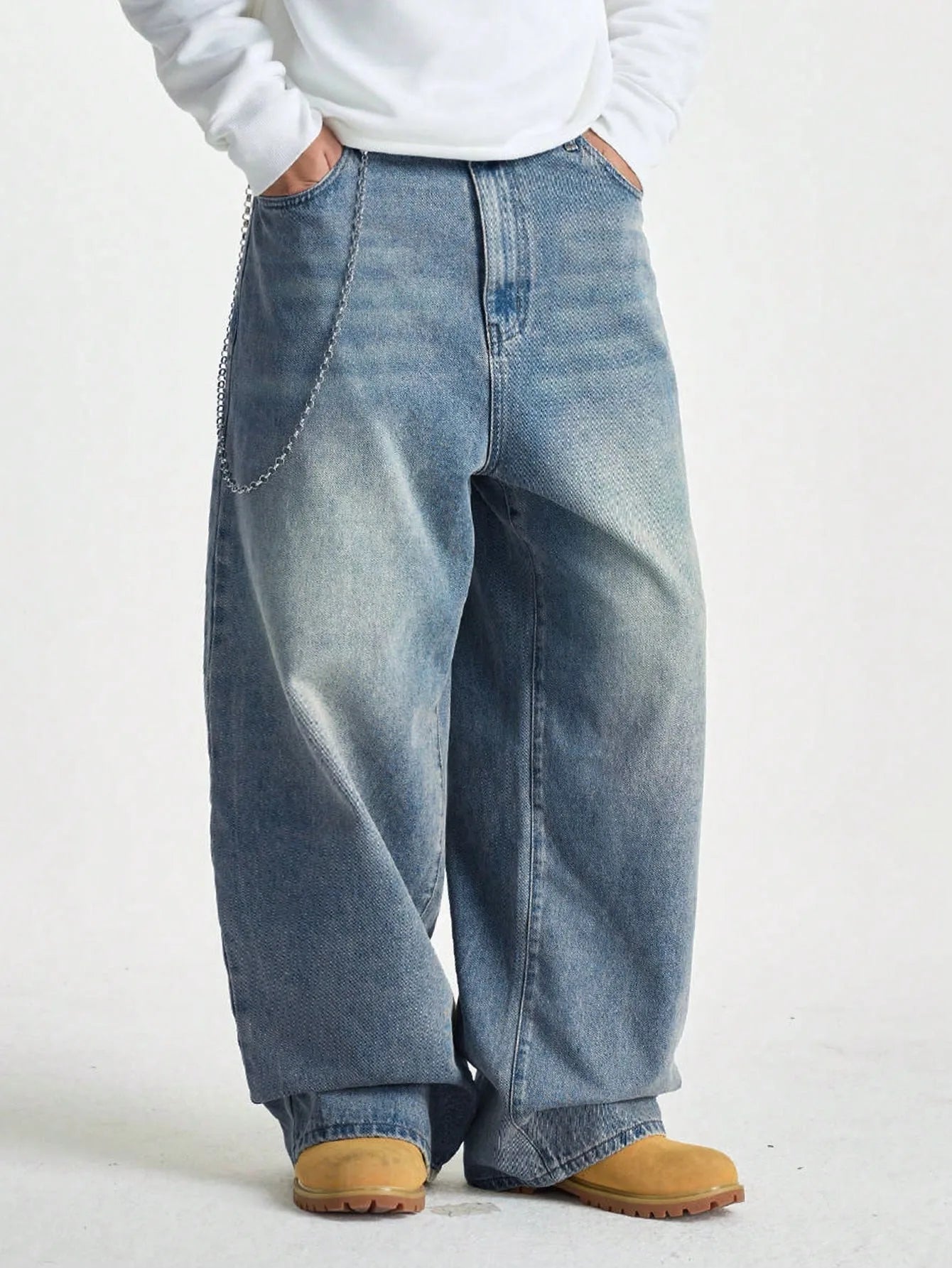Threebooy  1Pc Men's Wide Pants Brushed Jeans Wide Jeans Y2K New Rocks Jeans Buggy Black Hip-Hop Pants