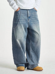 Threebooy  1Pc Men's Wide Pants Brushed Jeans Wide Jeans Y2K New Rocks Jeans Buggy Black Hip-Hop Pants