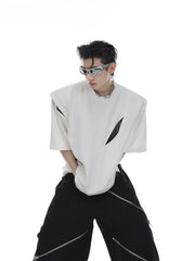 Threebooy Korean Niche Deconstruction Segmented Shoulder Pad Short Sleeve Splicing Design T-shirt High-end Trendy Half-sleeved Men Women