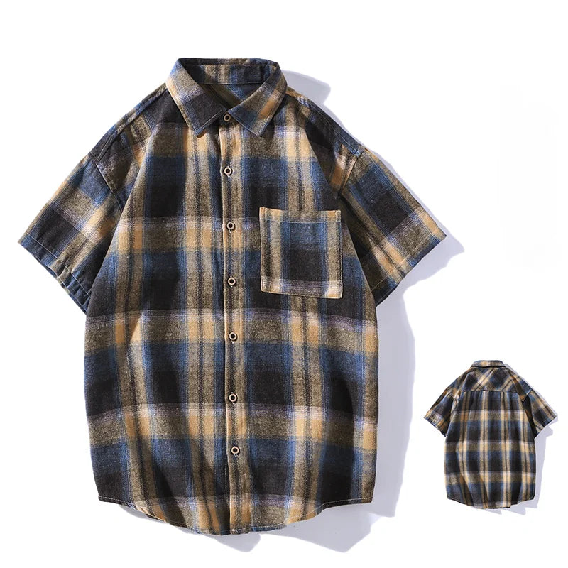 Threebooy Korean Style Plaid Shirts For Men Short Sleeve Fashion Turn-down Collar Blouses Hip Hop Male Clothing