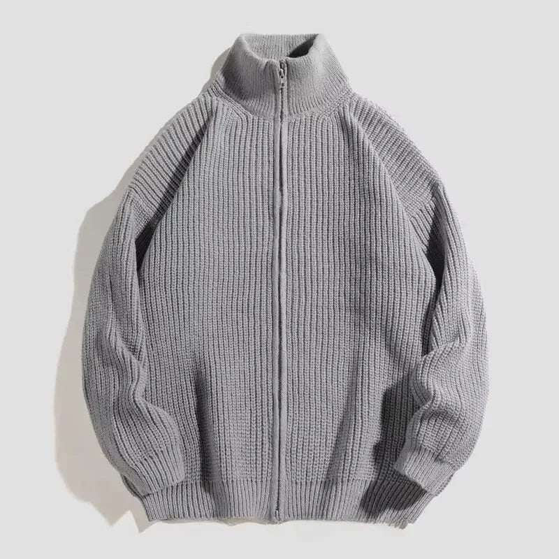 Threebooy  Men's Autumn/Winter Casual Thickened Knitted Top Grey Cardiganzip-up Sweater Jacket Stand Collar Polo/Turtle Neck Fashion