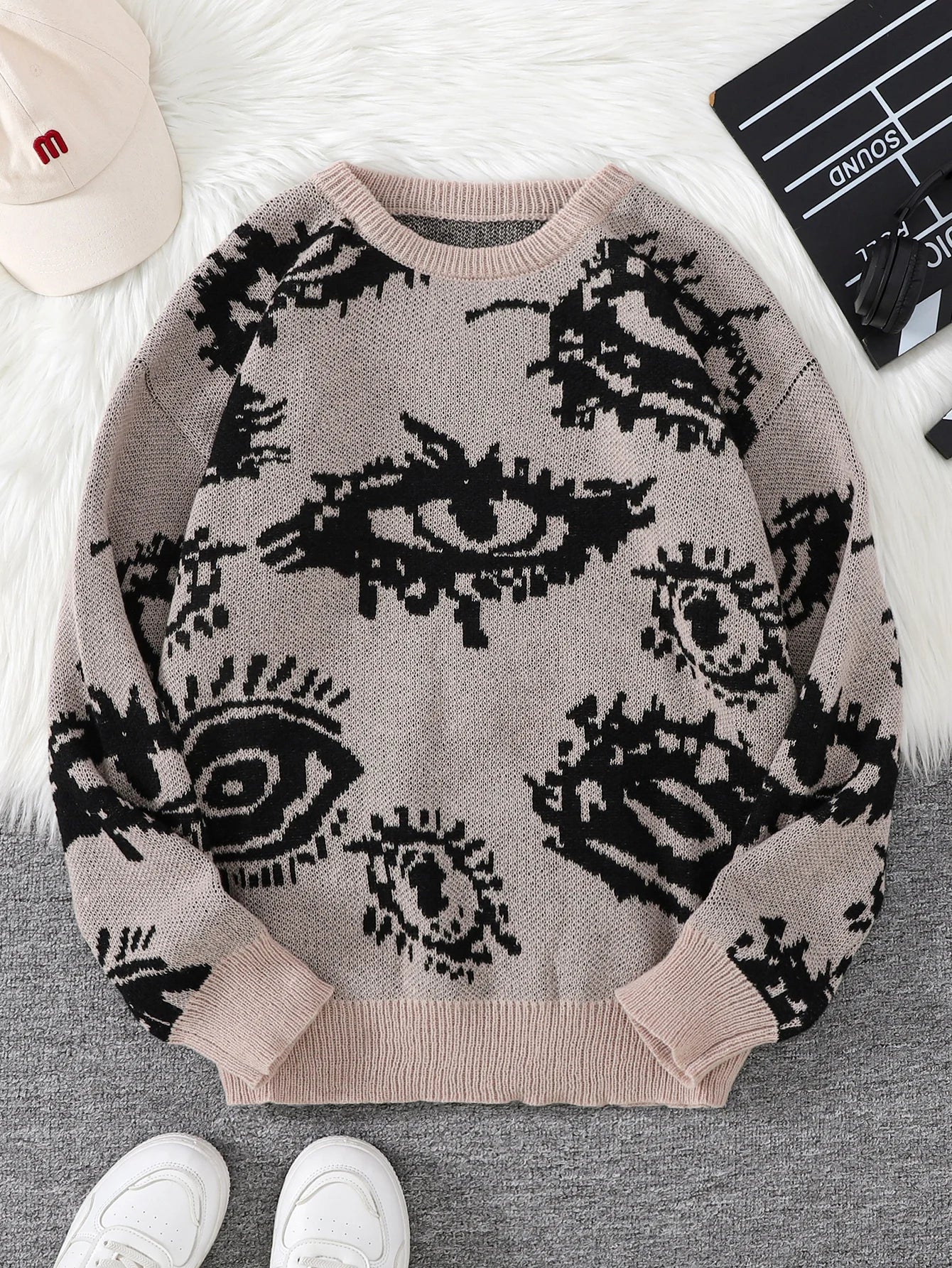 Threebooy  New Popular Autumn and Winter Abstract Eye Jacquard Pattern Pullover Sweater Casual Round Neck Knitted Men's Pullover