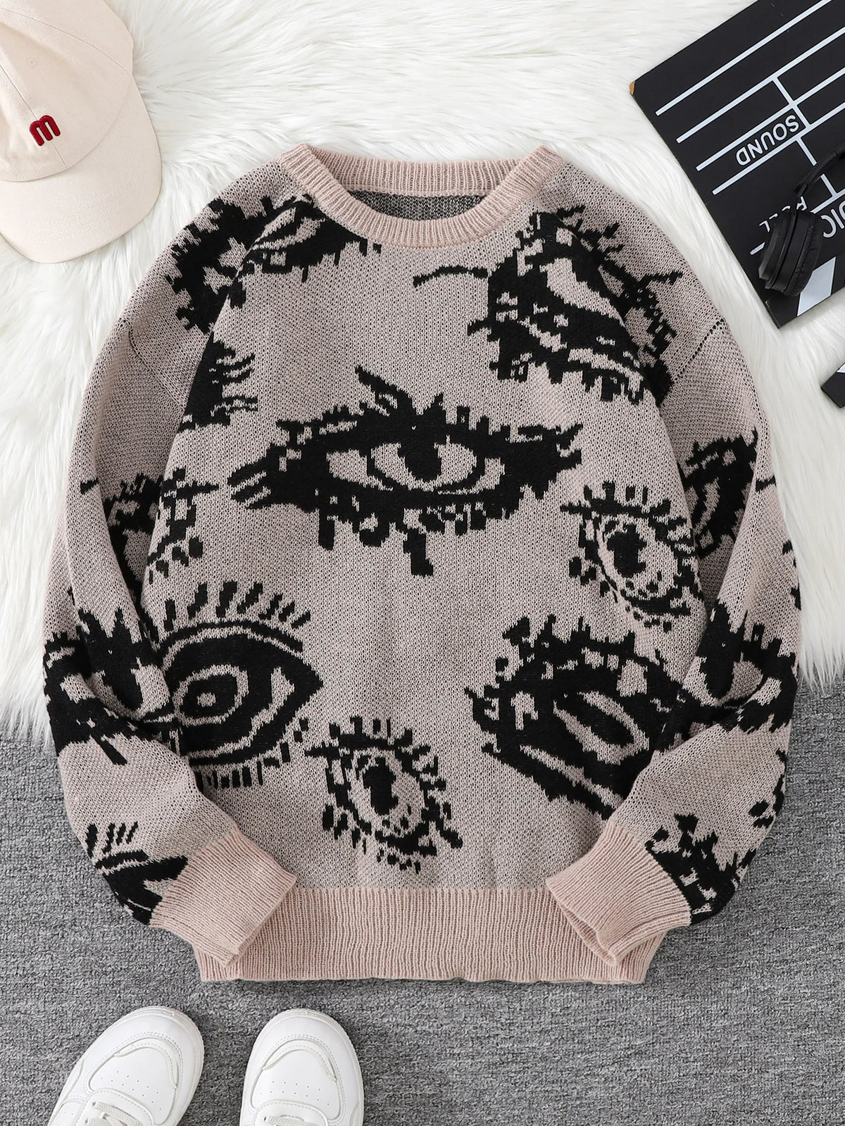 Threebooy  New Popular Autumn and Winter Abstract Eye Jacquard Pattern Pullover Sweater Casual Round Neck Knitted Men's Pullover