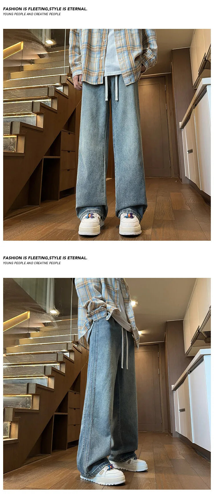 Threebooy Jeans Men Denim Pants Elastic waist pull rope Straight Droop Vintage Loose Bottom Straight Wide Leg Casual Male Trouser