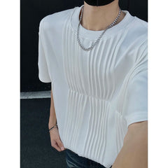 Threebooy Men Pleated Chic T Shirt Solid Color O-neck Short Sleeve Casual Tshirt Men Clothing Streetwear 2025 Summer Fashion Camisetas