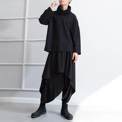 Threebooy Mens Casual Irregular Loose Wide-Leg Pants 2024 New Genderless Personality Dark Style Retro Solid Color Nine-Point Pants Unisex