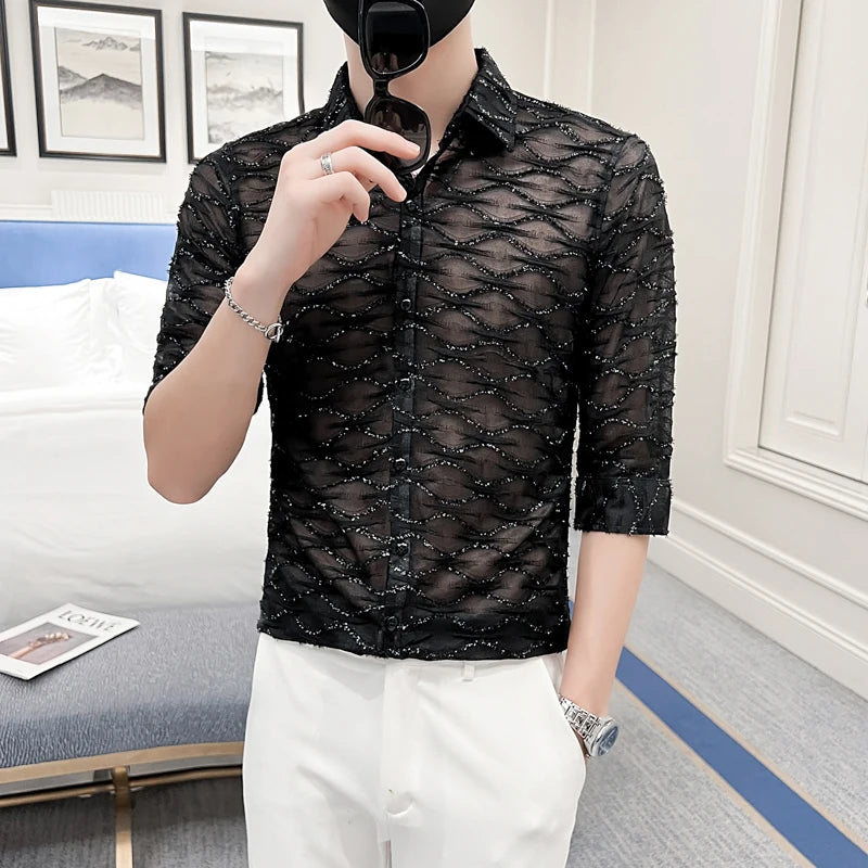 Threebooy High Quality for Men Lace Hollow Out Shirts/Male Slim Fit Lapel Casual Business Sexy Long Sleeve Shirts Plus Size S-4XL