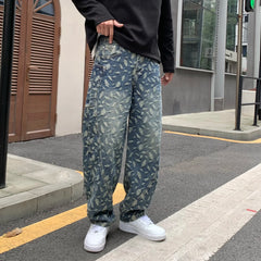 Threebooy High Quality Trendy New Leaves Jacquard Blue Baggy Jeans Men Loosen Fit Wide Leg Cargo Pants Male Street Bottoms