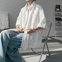 Threebooy White Texture Short-sleeved Shirts Men Korean Chic All-match Blouses Casual Loose Single Breasted Black Shirt with Tie