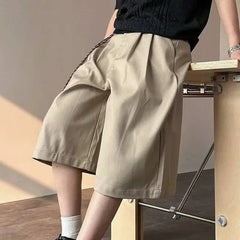 Threebooy  Men Summer Casual Cropped Pants Drawstring Waist Straight Fit Streetwear Lightweight Breathable Solid Color Shorts