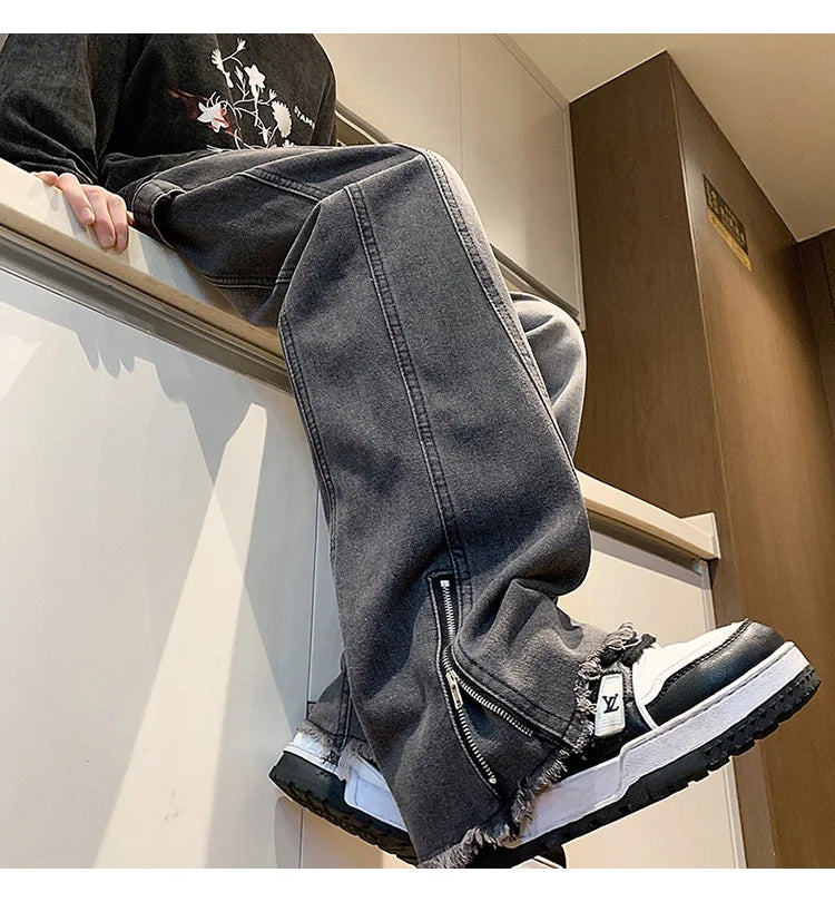 Threebooy Autumn jeans men New Fashion Side Zipper Casual Jean Pants Men High Street Loose Straight Pant Mens Vintage All-match Trousers
