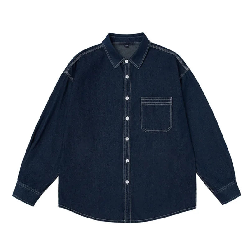 Threebooy  Mens Button Down Denim Shirt Long Sleeve Lapel Jean Shirt Casual Slim Fit Washed Denim Shirts with Chest Pockets