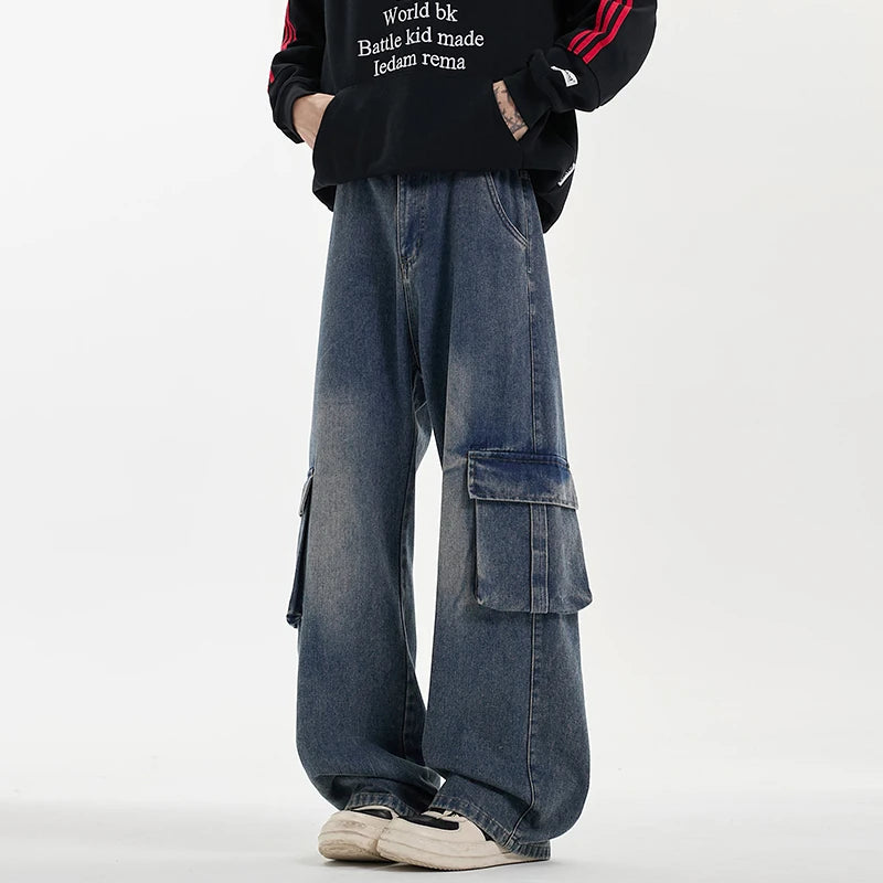 Threebooy Baggy Jeans Men Oversized Retro Pocket Cargo Jeans Men Streetwear Hip-hop Loose Wide Leg Jeans Mens Vintage Denim Trousers