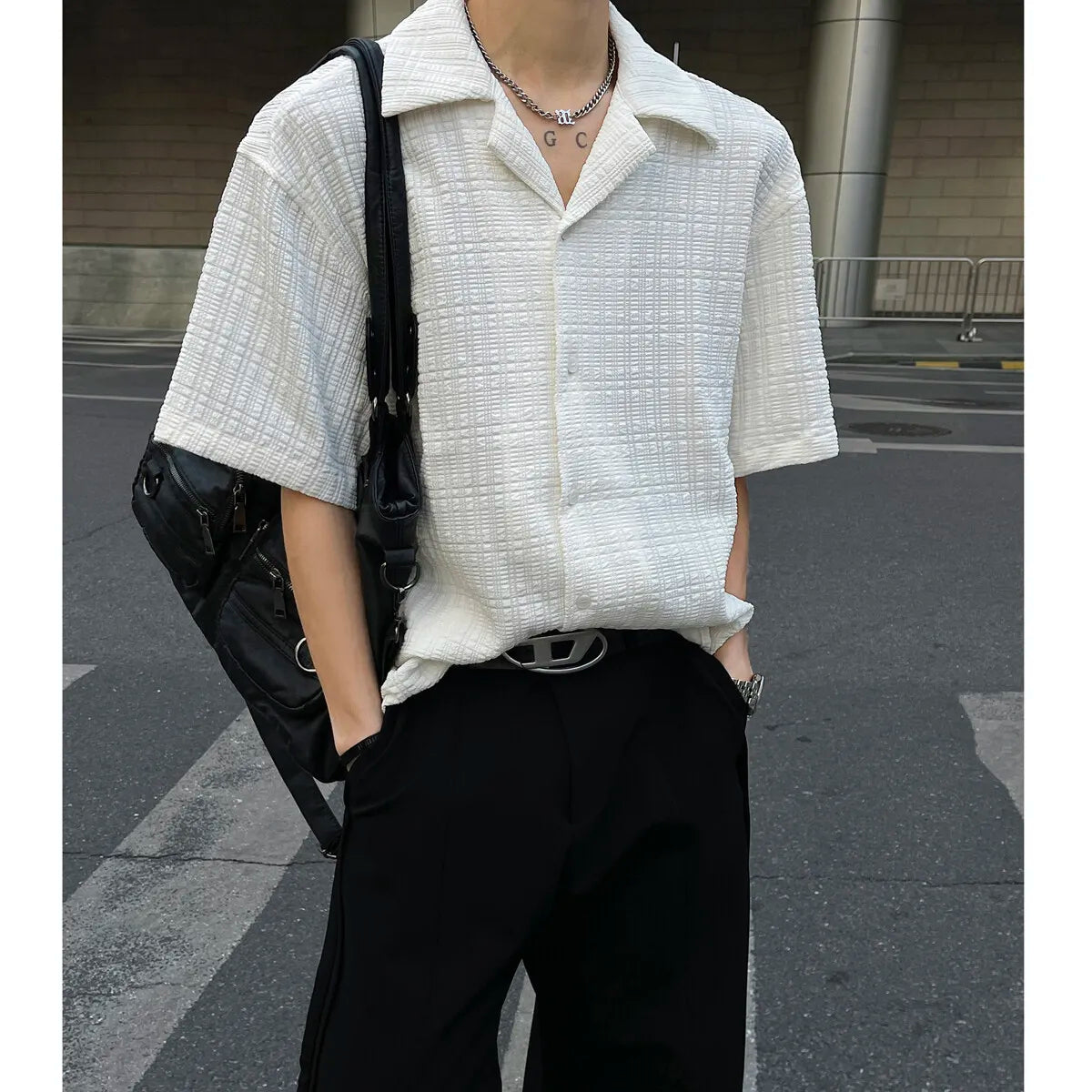 Threebooy Mens Loose Fit Suit Collar Shirt Cool Comfort Advanced Fabric Summer Casual Trendy Breathable Stylish Modern Streetwear Design