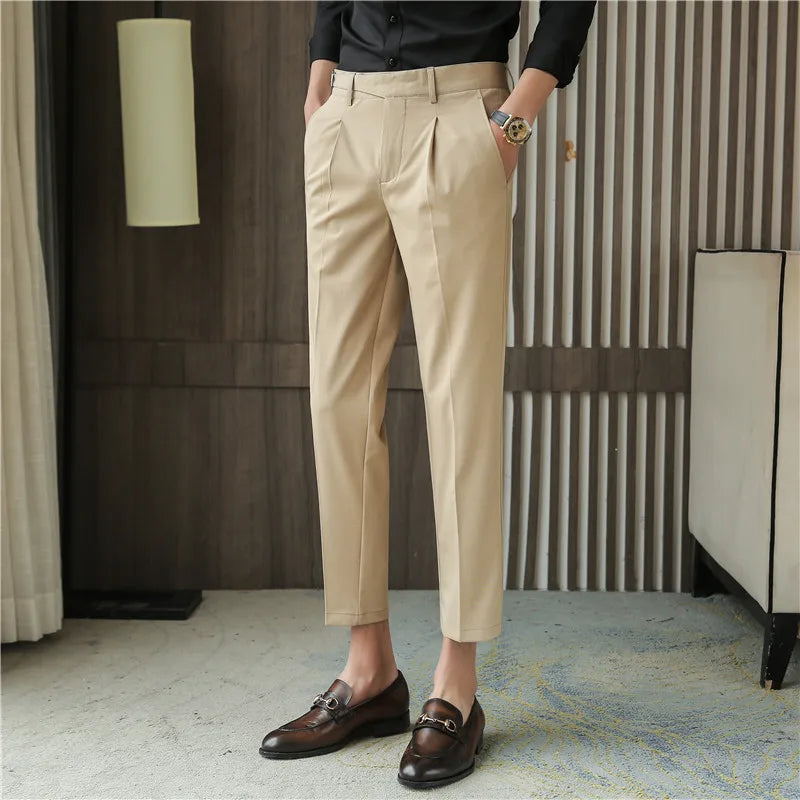 Threebooy New Autumn Men Fashion Pure Cotton Solid Color Business Suit Pants Men Groom Wedding Dress Suit Pants Mens Trouser 28-36