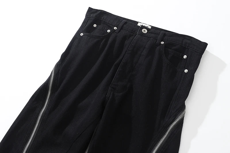 Threebooy Harajuku Sashes Zipper Decorate Vibe Style Black Cargo Pants for Men High Street Straight Casual Baggy Oversized Unisex Trousers