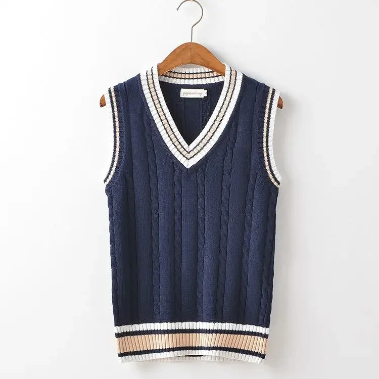 Threebooy Striped White Knitted Sweaters for Men Blue Sleeveless Man Clothes V Neck Vest Red Waistcoat Jumpers Sweat-shirt Cigaret Cotton