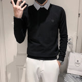 Threebooy  Fashion Lapel Button Knitted Spliced Fake Two Pieces Sweater Men's Clothing Autumn New Loose Casual Pullovers Korean Tops