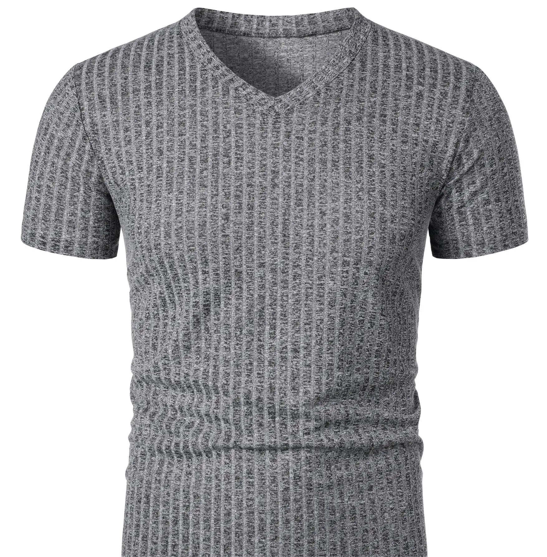 Threebooy  Men's running sports fitness wear summer high stretch vertical strip short sleeve V-neck slim knit base shirt