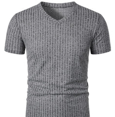 Threebooy  Men's running sports fitness wear summer high stretch vertical strip short sleeve V-neck slim knit base shirt