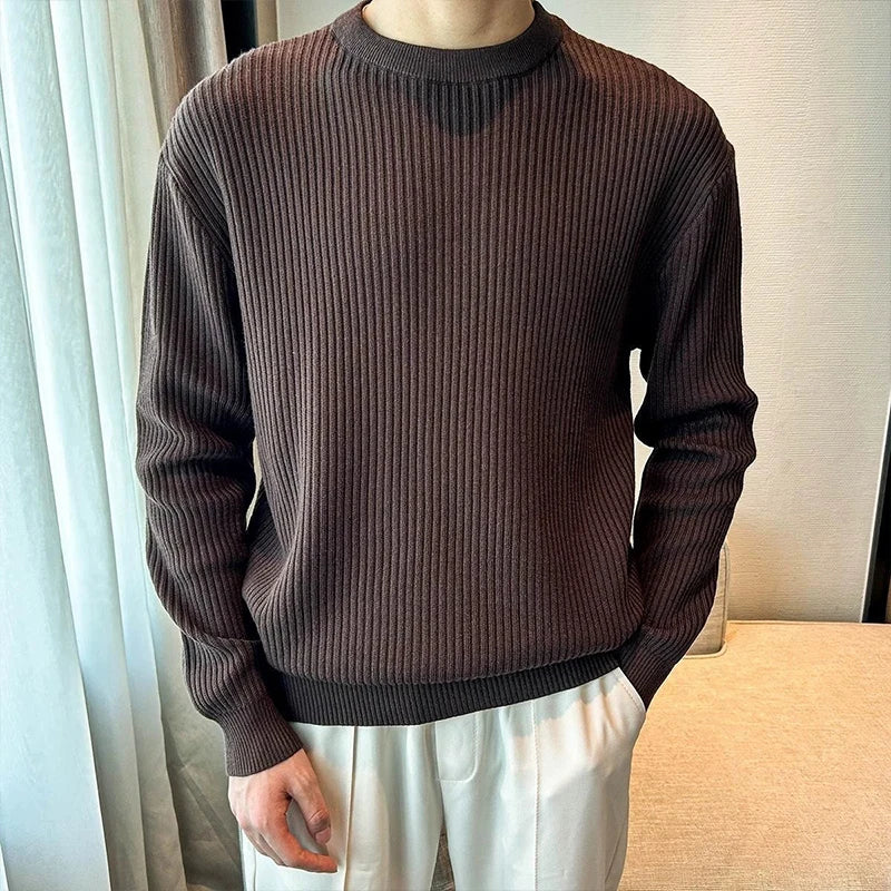 Threebooy  New Korean Retro Men Basic Sweater Luxury Knitted Solid Color O Neck Long Sleeve Pullover Casual Slim Premium Quality Knitwear