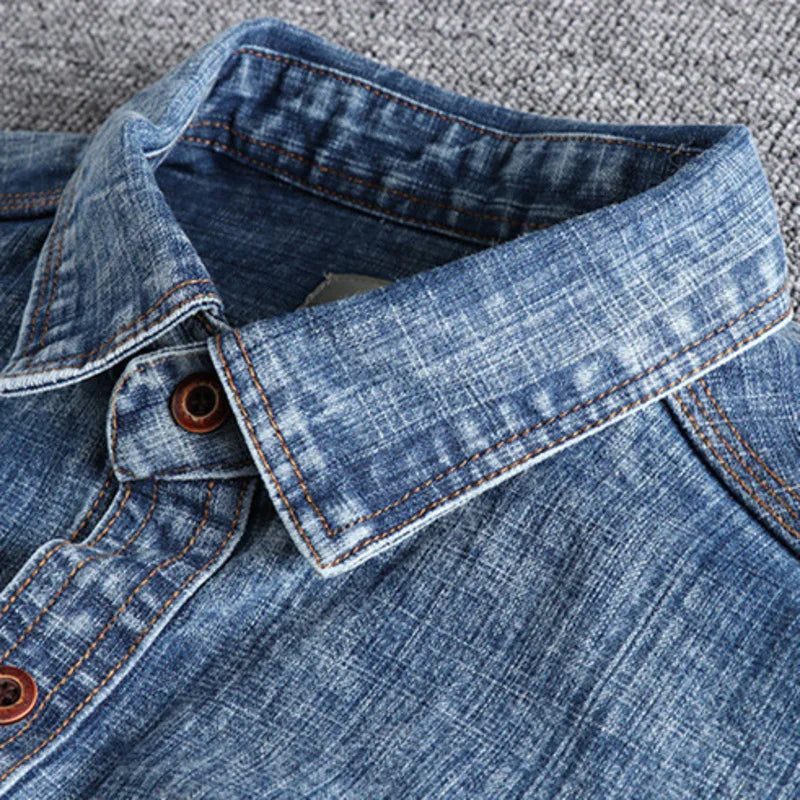 Threebooy  Retro Male Cargo Snowflake Washed Distressed Denim Shirt Chunky Rough Cotton Uniform Light Casual Work Safari Mens Shirts Top