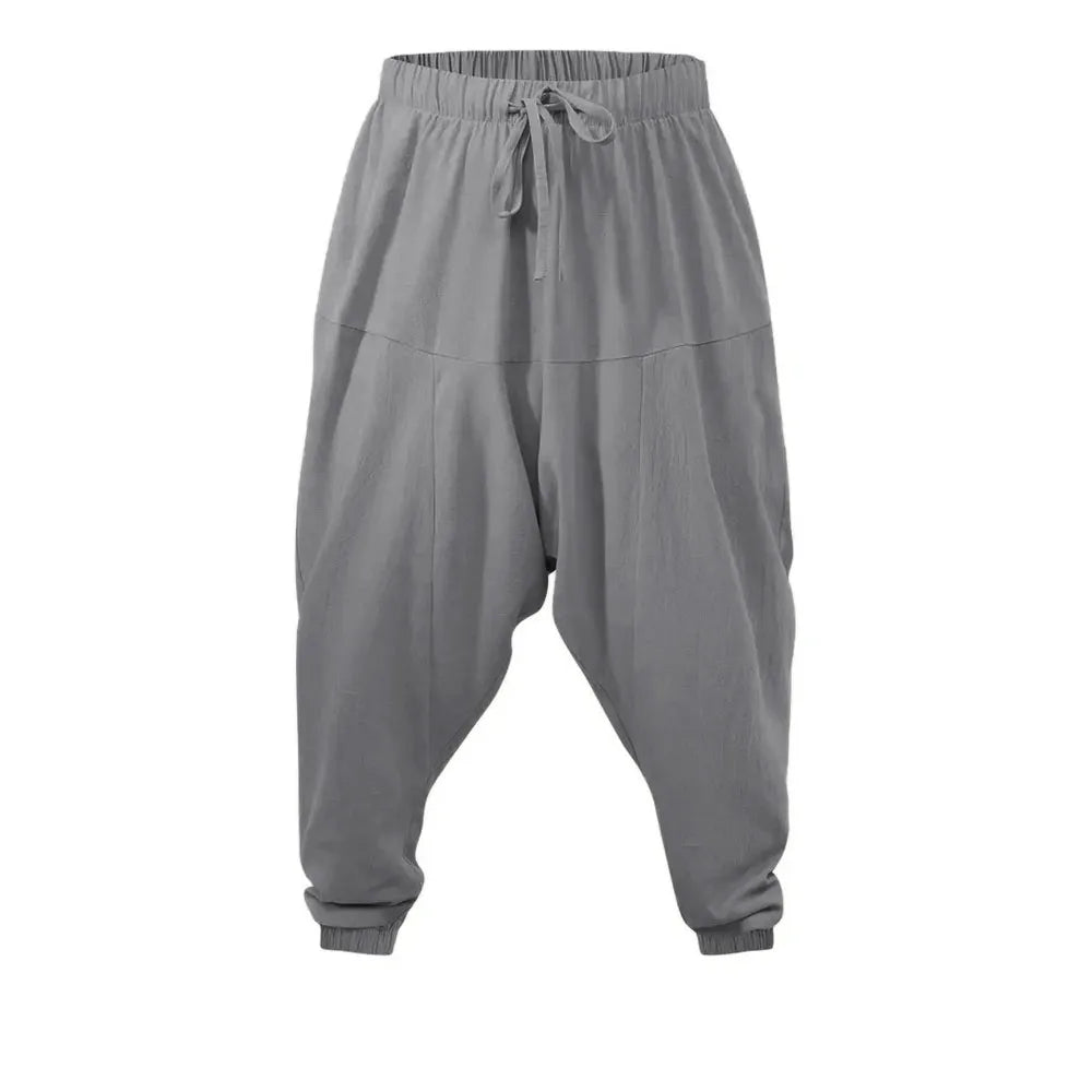 Threebooy  Harem Pants for Men Cotton Linen Drop Crotch Cozy Streetwear Loose Fit Breathable Lightweight Long Pants Male Joggers
