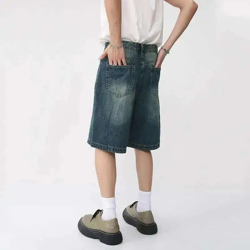 Threebooy  Summer Denim Shorts Men's Loose Korean Style Retro Short Jeans Fashion Washed Casual Knee Length Pant New Streetwear
